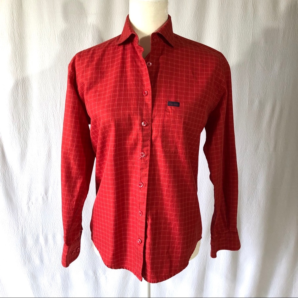 Faconnable Red Plaid Long Sleeve Cotton Blouse